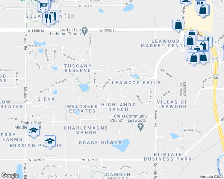 map of restaurants, bars, coffee shops, grocery stores, and more near 9814 Belinder Rd in Overland Park