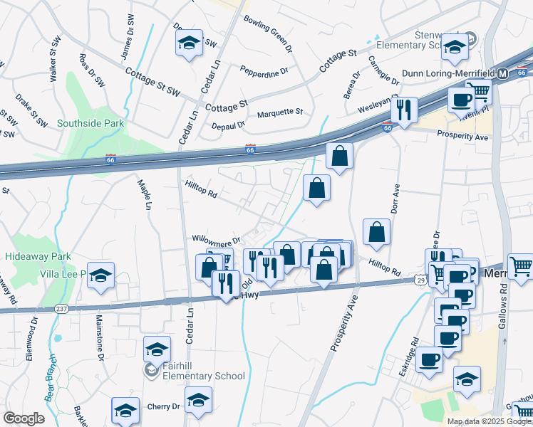 map of restaurants, bars, coffee shops, grocery stores, and more near 2847 Andiron Lane in Vienna