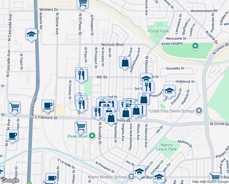 map of restaurants, bars, coffee shops, grocery stores, and more near 3106 North Institute Street in Colorado Springs