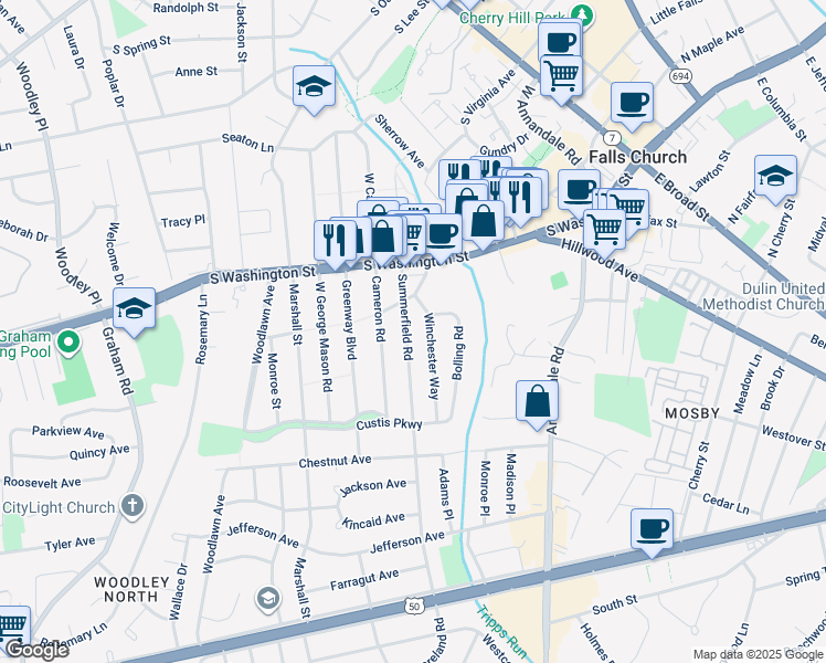map of restaurants, bars, coffee shops, grocery stores, and more near 2811 Summerfield Road in Falls Church