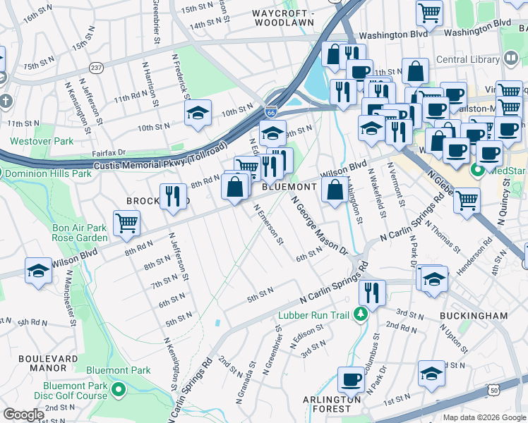 map of restaurants, bars, coffee shops, grocery stores, and more near 801 North Emerson Street in Arlington