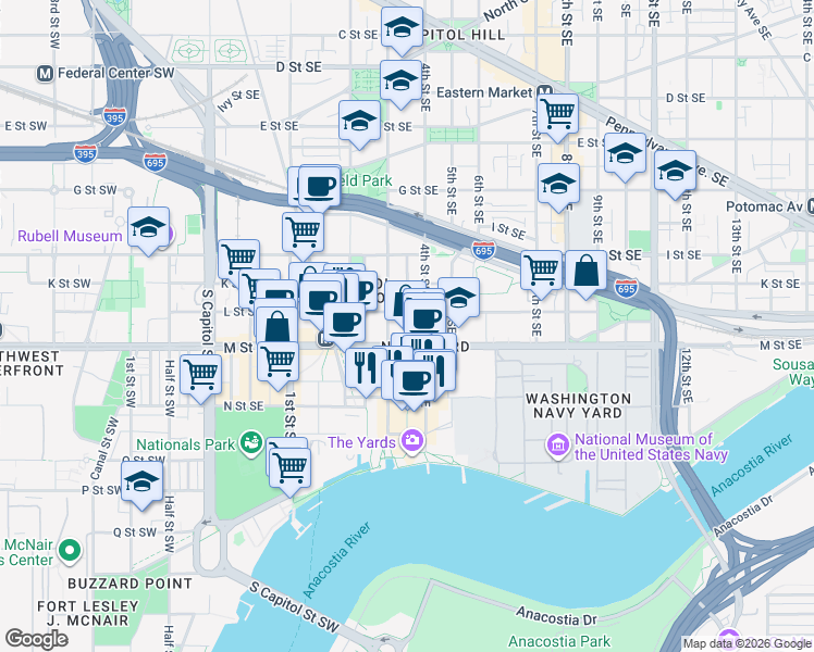 map of restaurants, bars, coffee shops, grocery stores, and more near 101 Independence Avenue Southeast in Washington