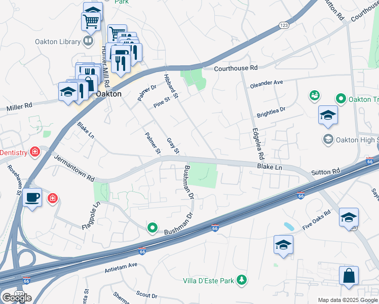 map of restaurants, bars, coffee shops, grocery stores, and more near 10040 Blake Lane in Oakton