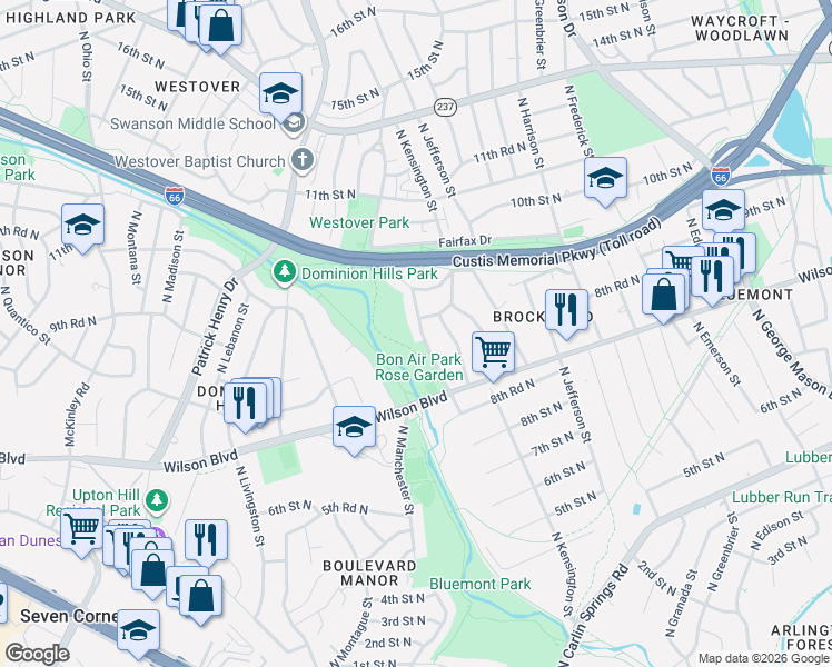 map of restaurants, bars, coffee shops, grocery stores, and more near 890 North Lexington Street in Arlington
