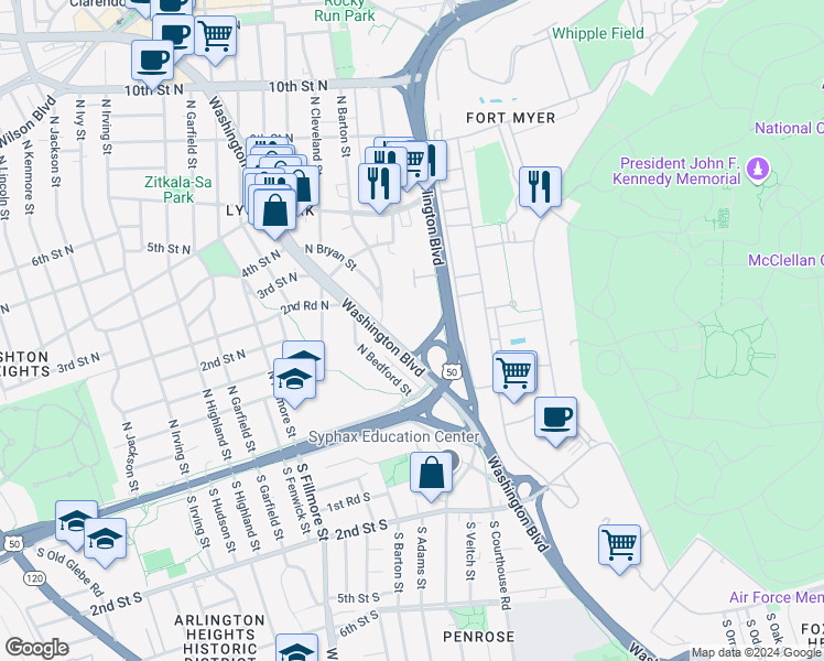 map of restaurants, bars, coffee shops, grocery stores, and more near 126 North Wayne Street in Arlington