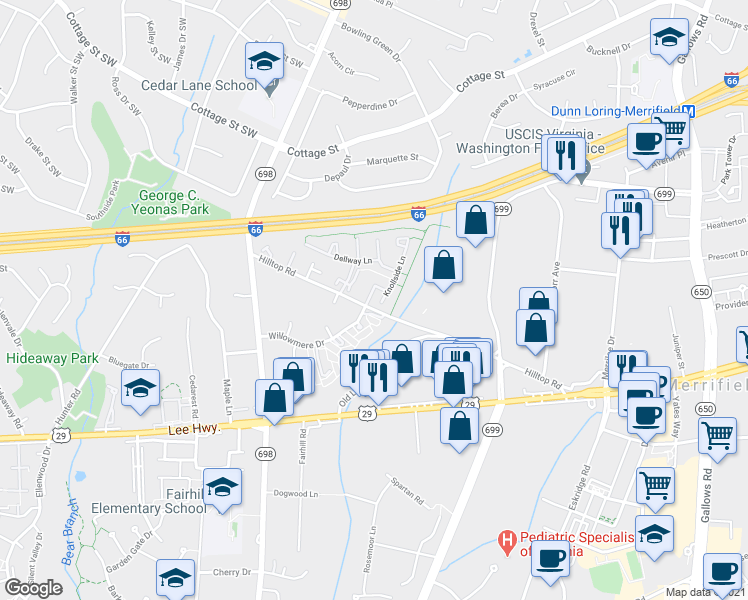map of restaurants, bars, coffee shops, grocery stores, and more near 2847 Andiron Lane in Vienna