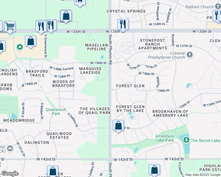 map of restaurants, bars, coffee shops, grocery stores, and more near 13881 South Pflumm Road in Overland Park