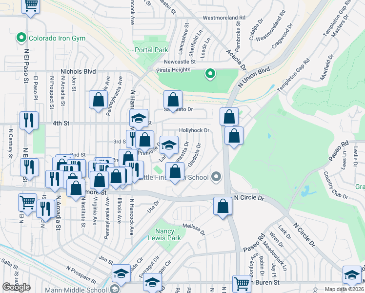 map of restaurants, bars, coffee shops, grocery stores, and more near 3202 Poinsetta Drive in Colorado Springs