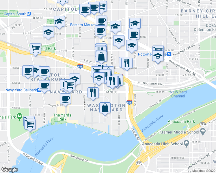 map of restaurants, bars, coffee shops, grocery stores, and more near 101 Independence Avenue Southeast in Washington