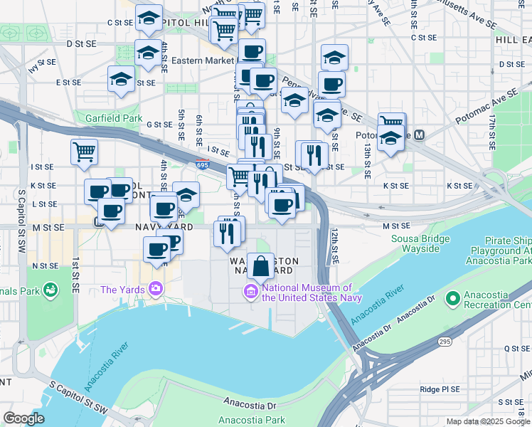 map of restaurants, bars, coffee shops, grocery stores, and more near 101 Independence Avenue Southeast in Washington