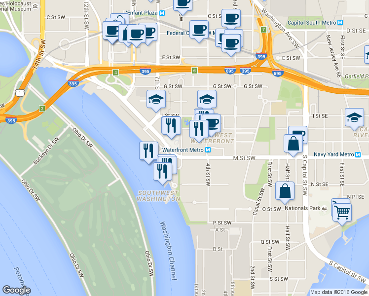 map of restaurants, bars, coffee shops, grocery stores, and more near 1050 Independence Avenue Southwest in Washington