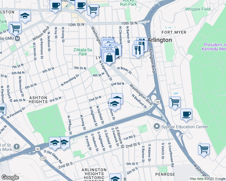 map of restaurants, bars, coffee shops, grocery stores, and more near 205 North Edgewood Street in Arlington