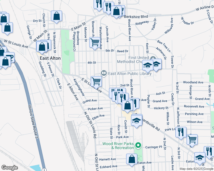 map of restaurants, bars, coffee shops, grocery stores, and more near 146 Lincoln Avenue in East Alton
