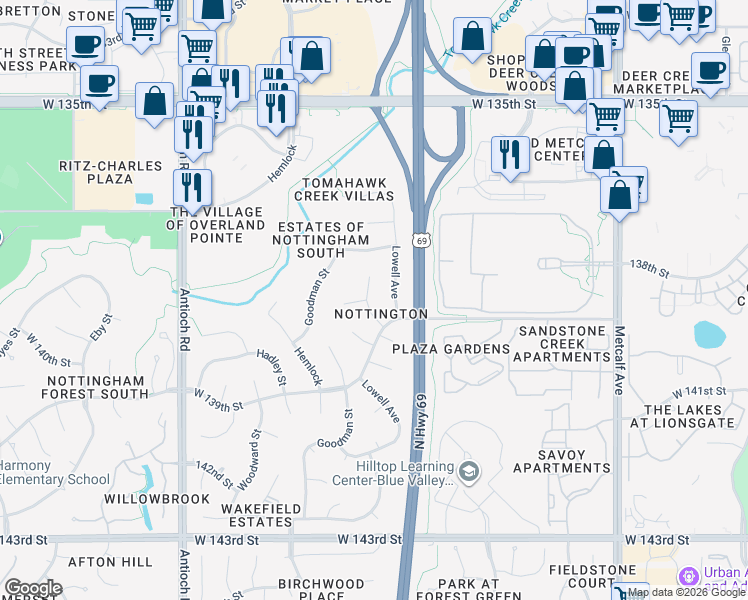 map of restaurants, bars, coffee shops, grocery stores, and more near 13829 Craig Street in Overland Park