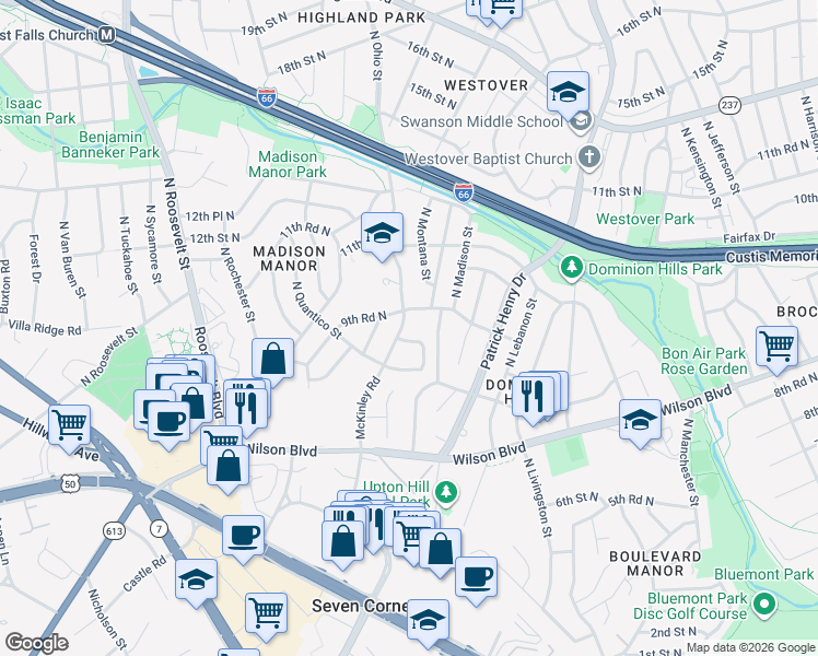 map of restaurants, bars, coffee shops, grocery stores, and more near 941 North McKinley Road in Arlington