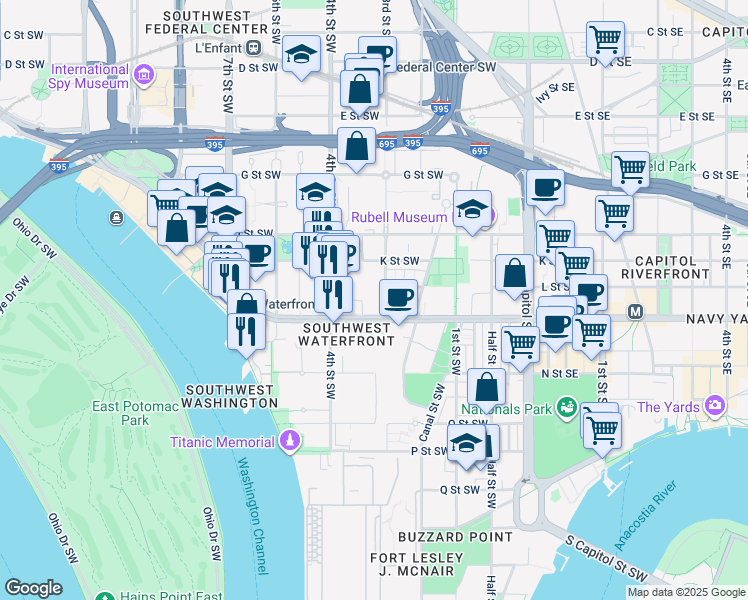 map of restaurants, bars, coffee shops, grocery stores, and more near 1101 3rd Street Southwest in Washington