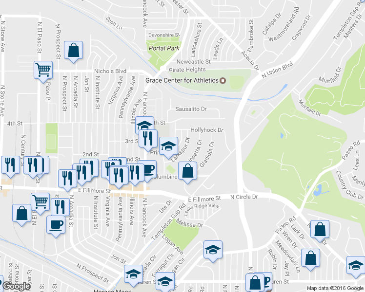 map of restaurants, bars, coffee shops, grocery stores, and more near 3130 Larkspur Drive in Colorado Springs