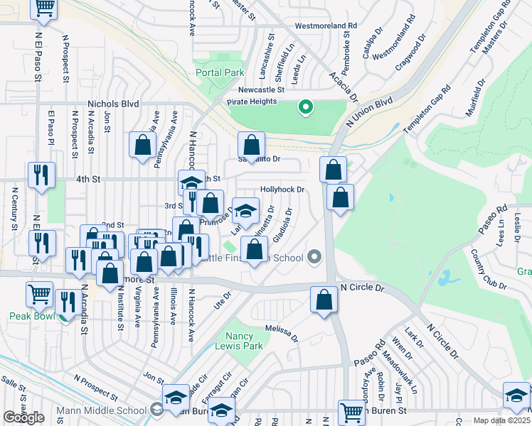 map of restaurants, bars, coffee shops, grocery stores, and more near 3202 Poinsetta Drive in Colorado Springs