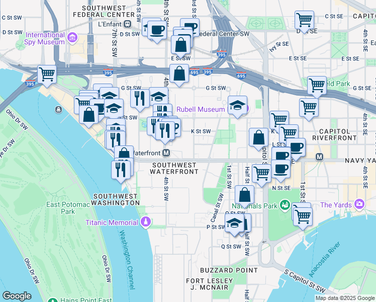 map of restaurants, bars, coffee shops, grocery stores, and more near 1101 3rd Street Southwest in Washington