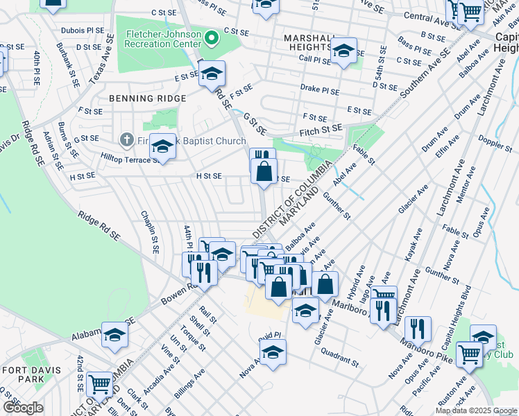 map of restaurants, bars, coffee shops, grocery stores, and more near 5049 Benning Road Southeast in Washington