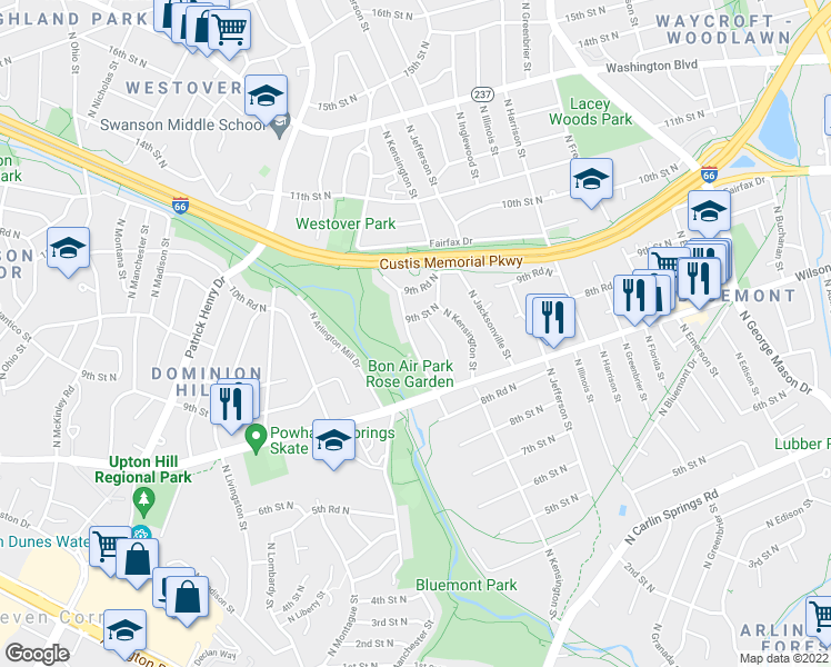 map of restaurants, bars, coffee shops, grocery stores, and more near 891 North Lexington Street in Arlington