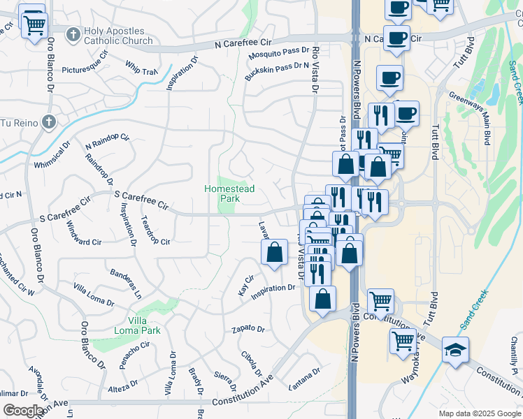 map of restaurants, bars, coffee shops, grocery stores, and more near 5469 Tennessee Pass Drive in Colorado Springs