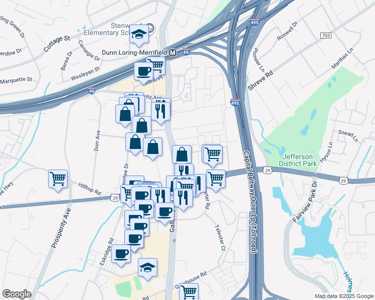 map of restaurants, bars, coffee shops, grocery stores, and more near 2831 Allard Lane in Vienna
