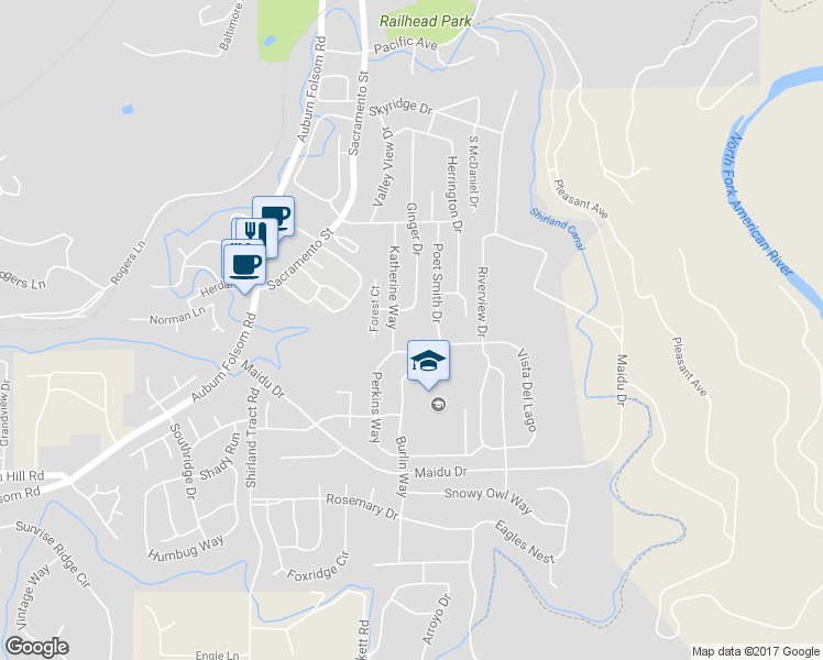 map of restaurants, bars, coffee shops, grocery stores, and more near 11245 Camjen Lane in Auburn