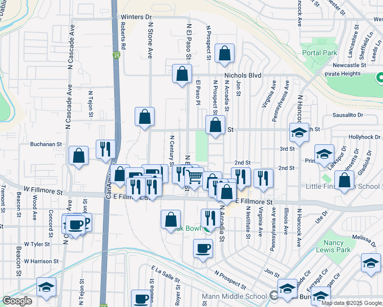 map of restaurants, bars, coffee shops, grocery stores, and more near 3111 North El Paso Street in Colorado Springs