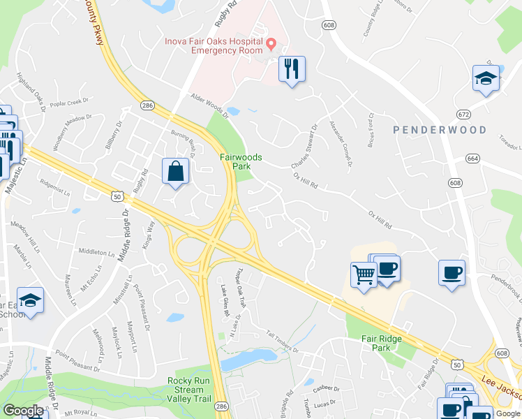 map of restaurants, bars, coffee shops, grocery stores, and more near 3871 Waythorn Place in Fairfax
