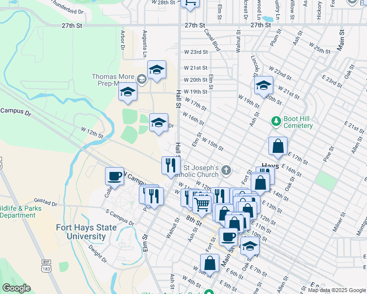 map of restaurants, bars, coffee shops, grocery stores, and more near 506 West 14th Street in Hays