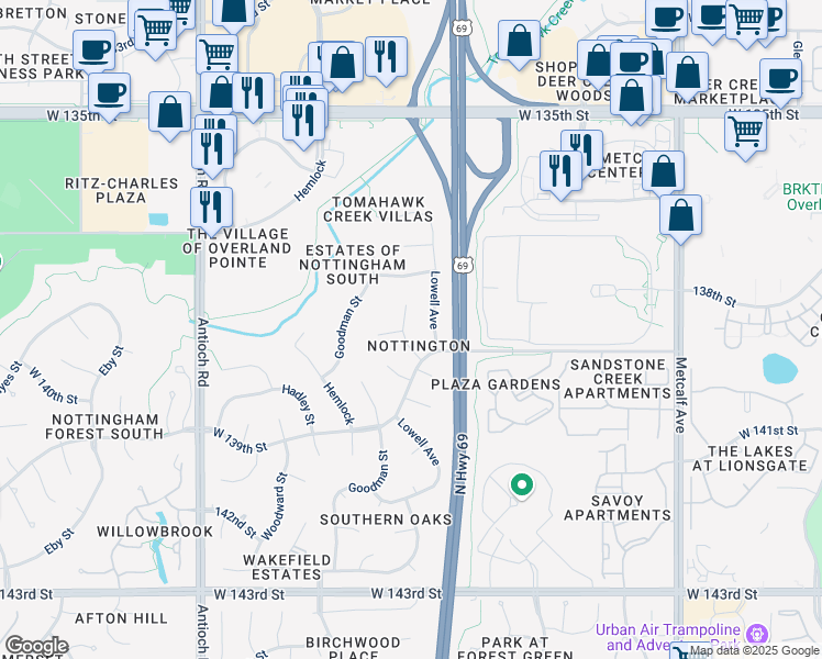 map of restaurants, bars, coffee shops, grocery stores, and more near 13829 Craig Street in Overland Park