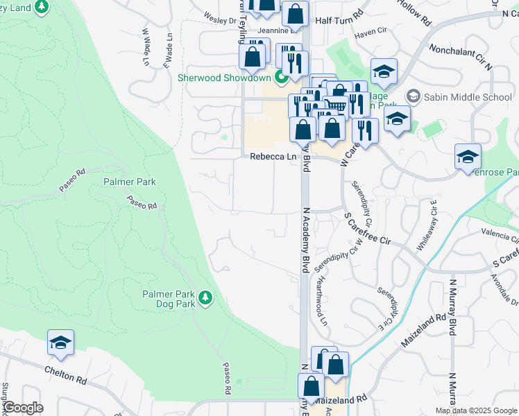 map of restaurants, bars, coffee shops, grocery stores, and more near 3692 Parkmoor Village Drive in Colorado Springs