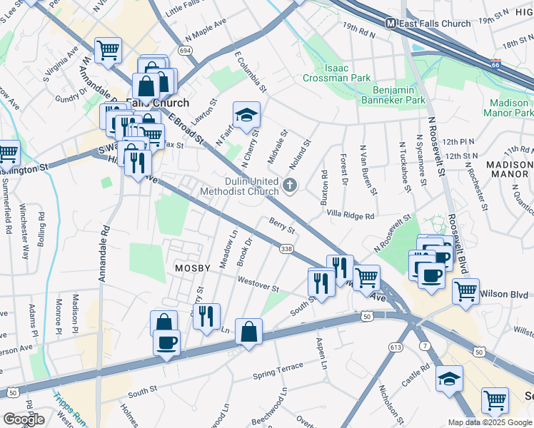 map of restaurants, bars, coffee shops, grocery stores, and more near 701 Berry Street in Falls Church