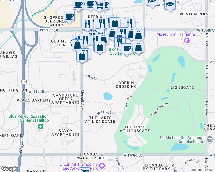 map of restaurants, bars, coffee shops, grocery stores, and more near 6771 West 138th Terrace in Overland Park