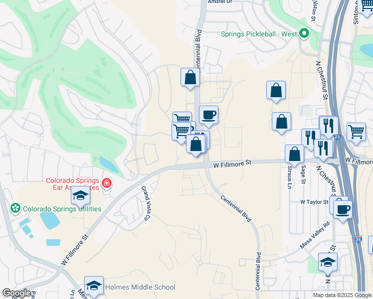 map of restaurants, bars, coffee shops, grocery stores, and more near 3250 Centennial Boulevard in Colorado Springs