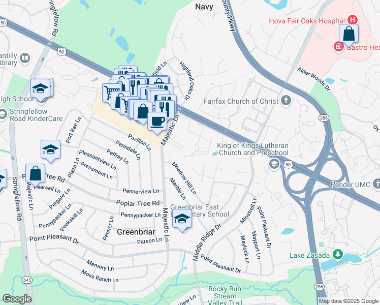 map of restaurants, bars, coffee shops, grocery stores, and more near 12947 Grays Pointe Road in Fairfax