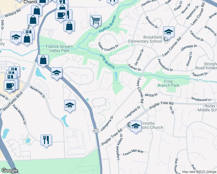map of restaurants, bars, coffee shops, grocery stores, and more near 13904 Castle Court in Chantilly