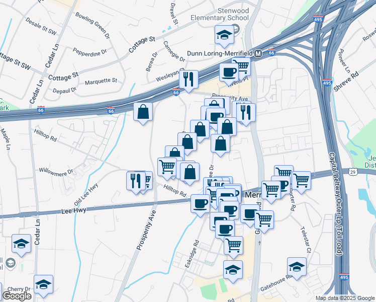 map of restaurants, bars, coffee shops, grocery stores, and more near 2807 Dorr Avenue in Fairfax