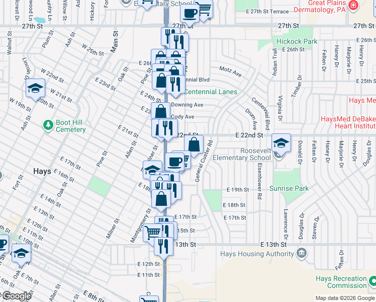 map of restaurants, bars, coffee shops, grocery stores, and more near 2010 Vine Street in Hays