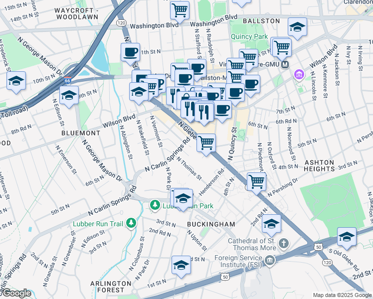 map of restaurants, bars, coffee shops, grocery stores, and more near 4300 North Carlin Springs Road in Arlington