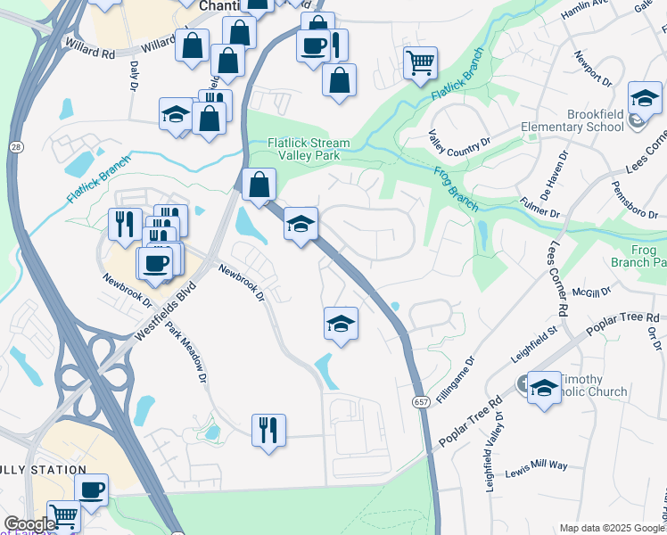 map of restaurants, bars, coffee shops, grocery stores, and more near 4605 Deerwatch Drive in Chantilly