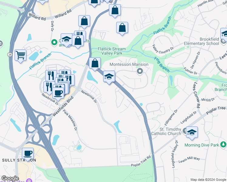 map of restaurants, bars, coffee shops, grocery stores, and more near 4624 Flatlick Branch Drive in Chantilly