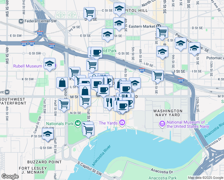 map of restaurants, bars, coffee shops, grocery stores, and more near 1100 2nd Place Southeast in Washington