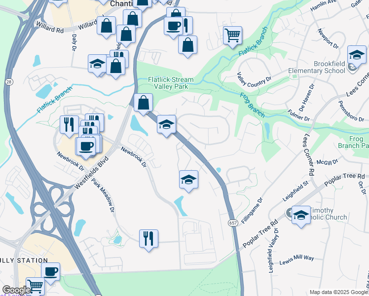 map of restaurants, bars, coffee shops, grocery stores, and more near 4605 Deerwatch Drive in Chantilly