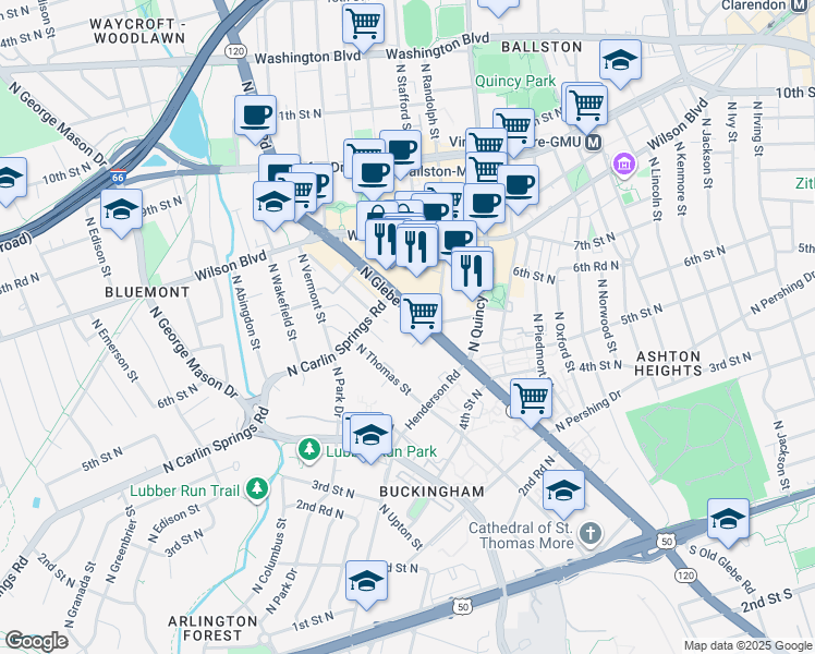 map of restaurants, bars, coffee shops, grocery stores, and more near 624 North Glebe Road in Arlington