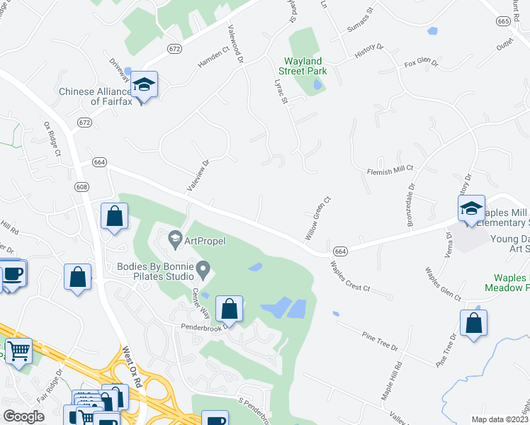 map of restaurants, bars, coffee shops, grocery stores, and more near 3603 Twilight Court in Oakton