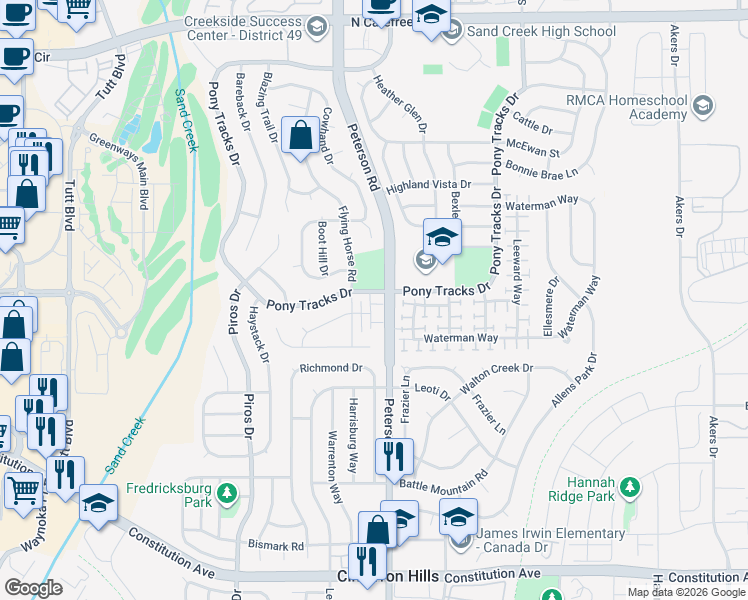map of restaurants, bars, coffee shops, grocery stores, and more near 6820 Anchor Point in Colorado Springs
