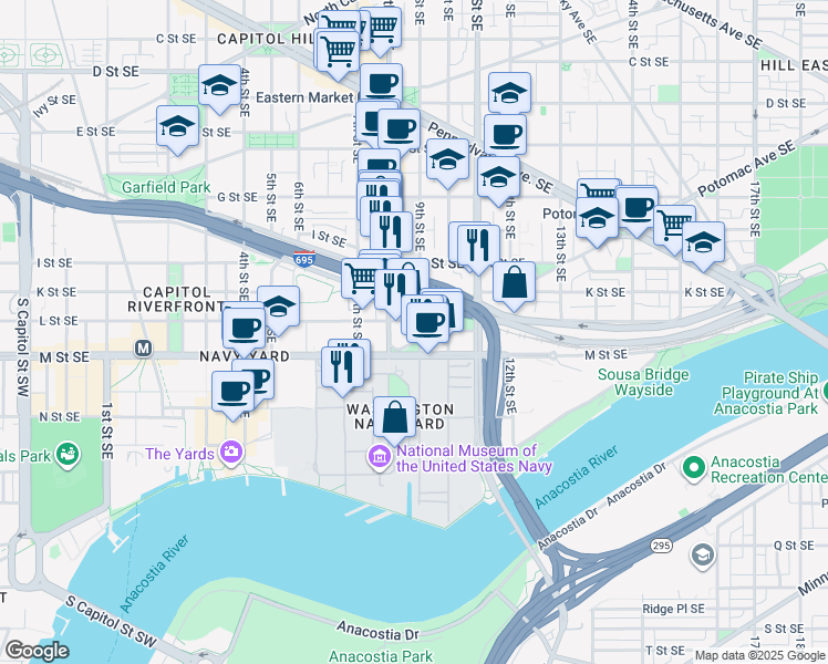 map of restaurants, bars, coffee shops, grocery stores, and more near 101 Independence Avenue Southeast in Washington