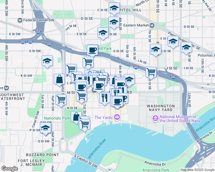 map of restaurants, bars, coffee shops, grocery stores, and more near 101 Independence Avenue Southeast in Washington